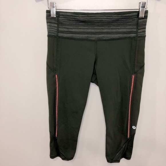 lululemon athletica Pants - Lululemon Cropped Army Green Leggings Orange Athletic Workout